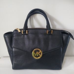 Michael Kors Hudson Black Pebble Leather Large Satchel Top Handle Purse Big Logo